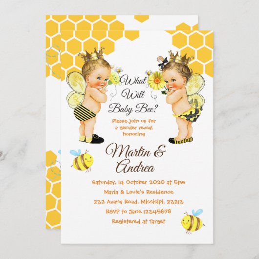 Schattigee Little Bee Gender Reveal Bee Party Kaart (Voorkant / Achterkant)