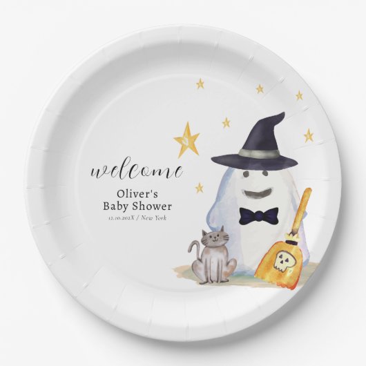Schattigee Little Boo Ghost Boy Baby shower Welkom Papieren Bordje (Voorkant)