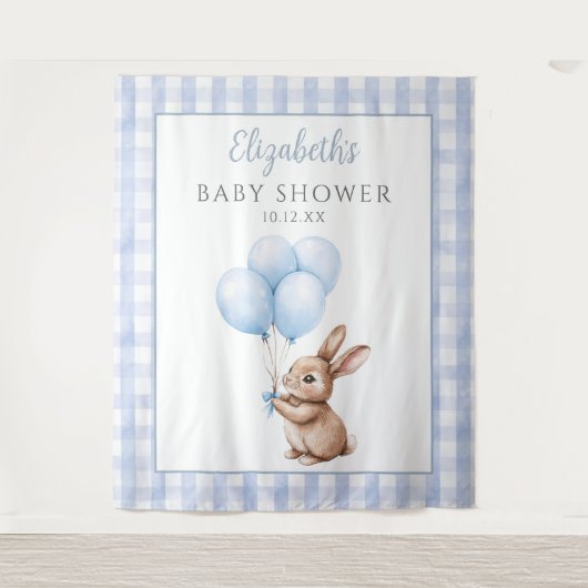 Schattigee Little Bunny Blue Baby shower Foto Acht Wandkleed (Voorkant)