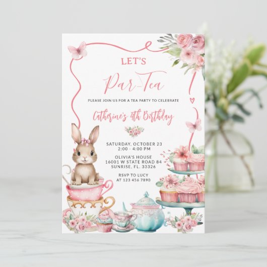 Schattigee Little Bunny Rabbit Tea Party Verjaarda Kaart (Staand voorkant)