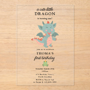Schattigee Little Dragon Boy Kids Verjaardagsfeest Acryl Uitnodigingen