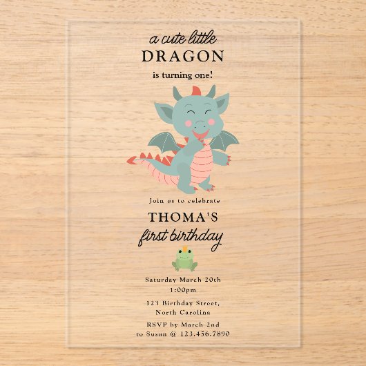 Schattigee Little Dragon Boy Kids Verjaardagsfeest Acryl Uitnodigingen (Voorkant)
