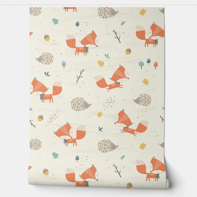Schattigee Little Fox en Hedgehog met herfstblader Behang (Afrollen)