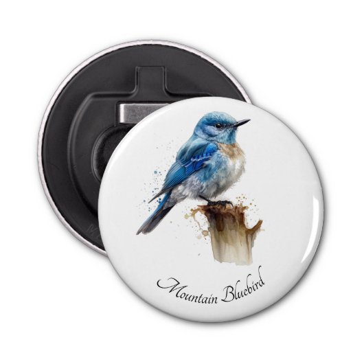 Schattigee Little Mountain Bluebird Waterverf, op  Button Flesopener (Voorkant)