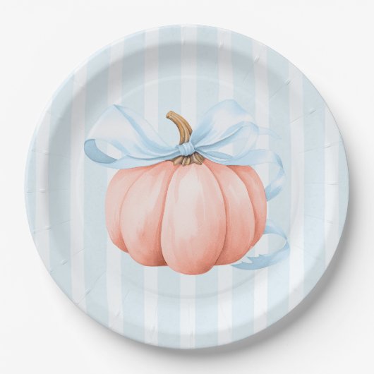 Schattigee Little Pumpkin Blue Bow Baby shower Papieren Bordje (Voorkant)