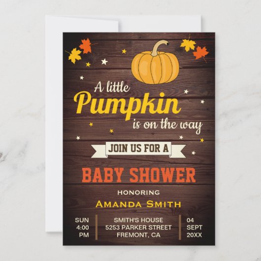 Schattigee Little Pumpkin Rustic Baby shower Invit Kaart (Voorkant)