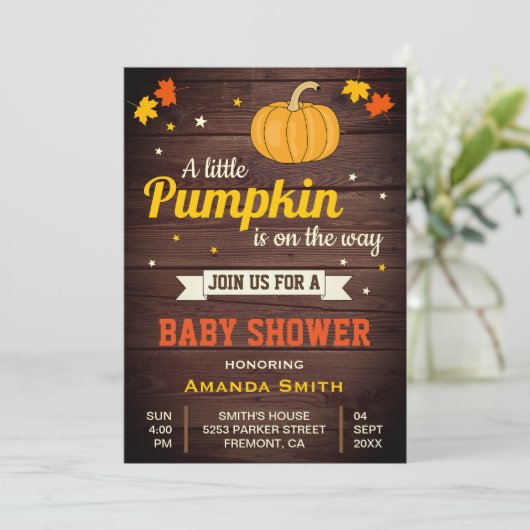 Schattigee Little Pumpkin Rustic Baby shower Invit Kaart (Staand voorkant)