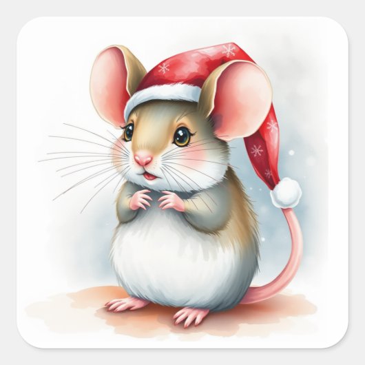 Schattigee Little Santa Mouse grillige kerst Vierkante Sticker (Voorkant)