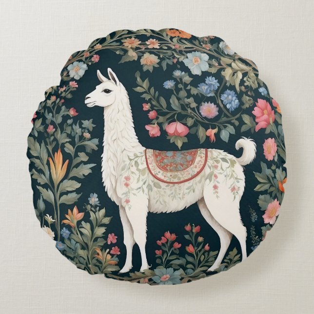 Schattigee Llama Elegante Bloemen Rond Kussen (Voorkant)