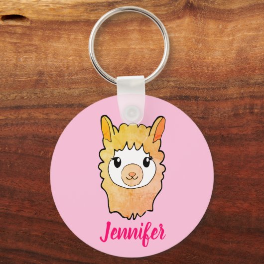Schattigee Llama Gezichtstekening Aangepaste Naam Sleutelhanger (Achterkant)