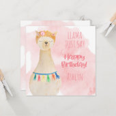 Schattigee Llama Girly Pink gepersonaliseerde verj Kaart (Voorkant / Achterkant in situ)