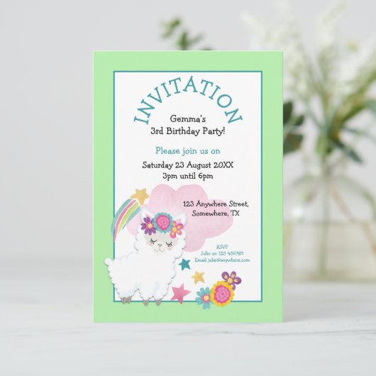 Schattigee Llama Jonge Kind Verjaardagsfeest Bleek Kaart (Staand voorkant)