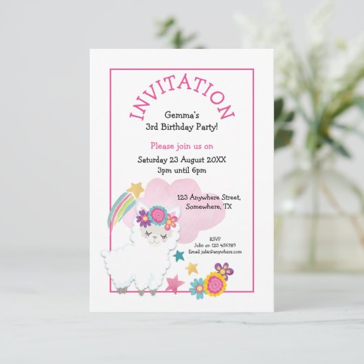 Schattigee Llama Jonge Kind Verjaardagsfeest Roze Kaart (Staand voorkant)