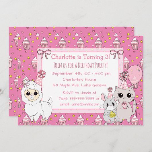 Schattigee Llama, Kitten en Muis Roze Meisje Verja Kaart (Voorkant / Achterkant)