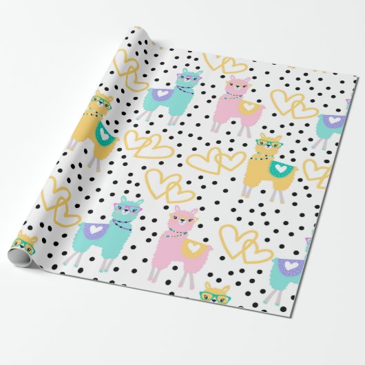 Schattigee Llama Leuk Kleurrijk Blauwgroen Roze Ha Cadeaupapier (Uitgerold)