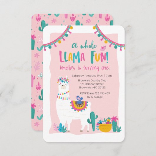 Schattigee Llama leuke cactus Verjaardagsuitnodigi Kaart (Voorkant / Achterkant)