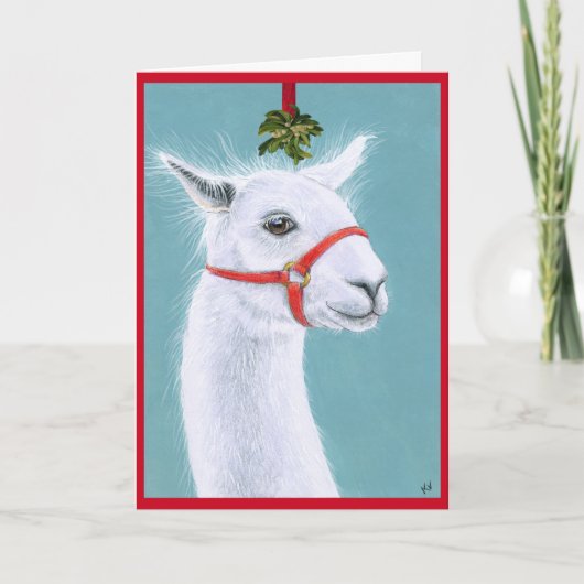 Schattigee Llama met Mistletoe kerstkaart Feestdagen Kaart (Voorkant)