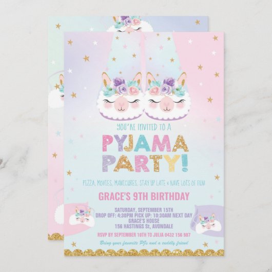 Schattigee Llama Pajama Verjaardagsfeest Sleepover Kaart (Voorkant / Achterkant)
