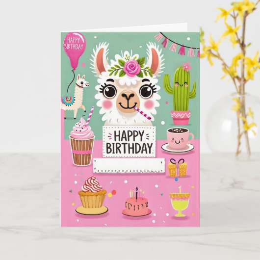 Schattigee Llama Verjaardag Kaart (Gele Bloem)
