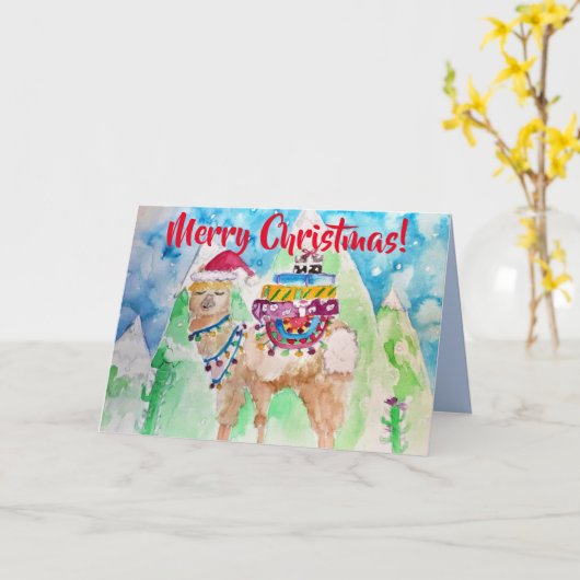 Schattigee Llama Vrolijk Kerstfeest Aquarel kunst  Kaart (Gele Bloem)