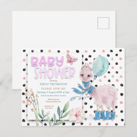 Schattigee Llama Wellies Stippen Roze Baby shower Uitnodiging Briefkaart (Voorkant / Achterkant)