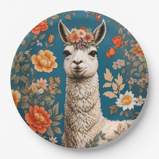 Schattigee Llama William Morris Geïnspireerd Bloem Papieren Bordje (Voorkant)