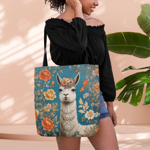 Schattigee Llama William Morris Geïnspireerd Bloem Tote Bag