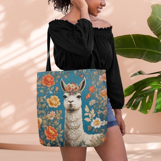 Schattigee Llama William Morris Geïnspireerd Bloem Tote Bag