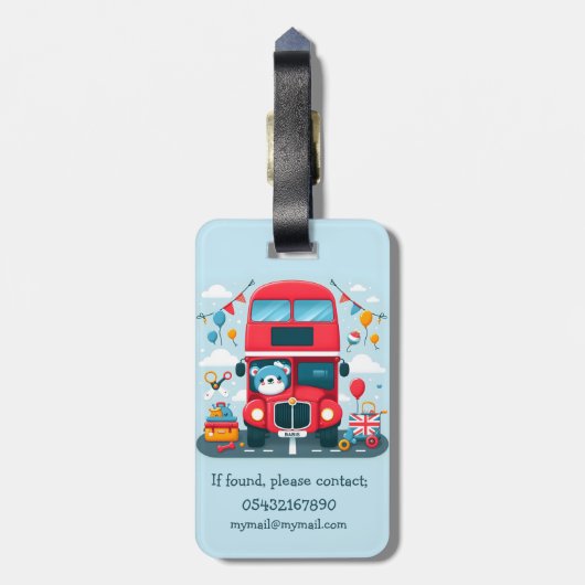 Schattigee London Double Deck Bus en Teddy Bear Bagagelabel (Achterkant verticaal)