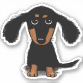 Schattigee Longhaired Zwart en Tan Dachshund Carto Sticker (Voorkant)