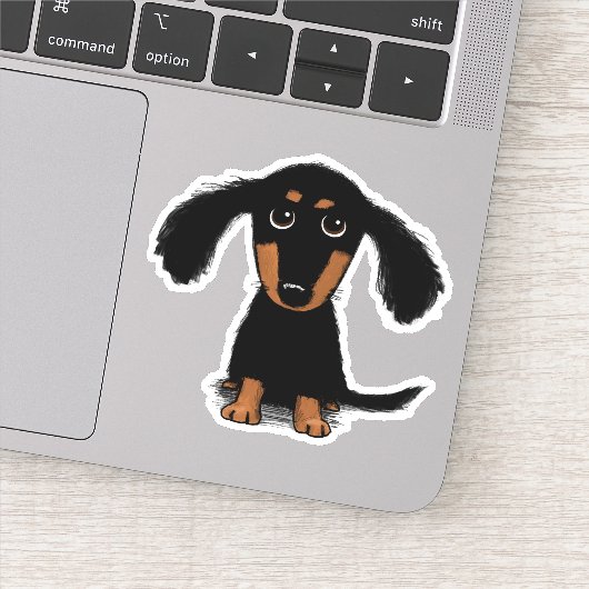 Schattigee Longhaired Zwart en Tan Dachshund Carto Sticker (Detail)