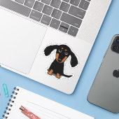 Schattigee Longhaired Zwart en Tan Dachshund Carto Sticker (Laptop met iPhone)