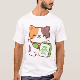 Schattigee Lucky Calico Cat met Mahjong Tegel Grap T-shirt