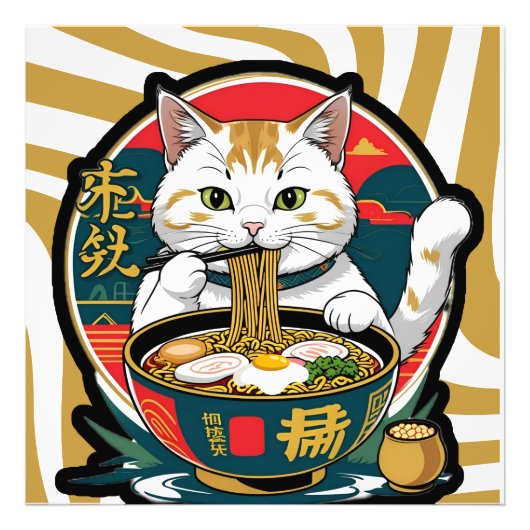 Schattigee Lucky Cat Eten Ramen Bowl Illustratie Foto Afdruk (Voorkant)