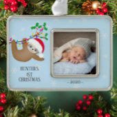 Schattigee Luiaard Eerste Kerstfoto Verzilverd Omlijst Ornament