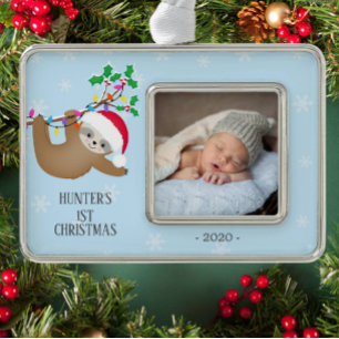 Schattigee Luiaard Eerste Kerstfoto Verzilverd Omlijst Ornament