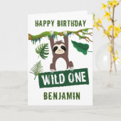 Schattigee luiaard eerste verjaardag kaart (Gele Bloem)