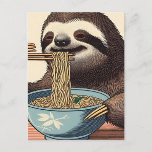 Schattigee luiaard eten Ramen Woodblock Print Briefkaart