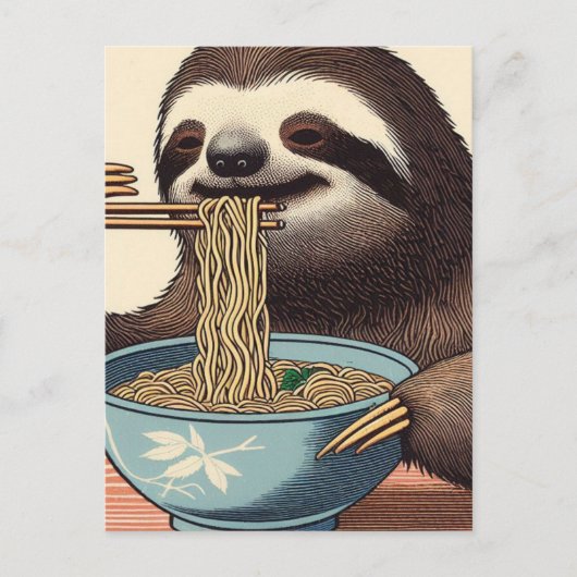 Schattigee luiaard eten Ramen Woodblock Print Briefkaart (Voorkant)