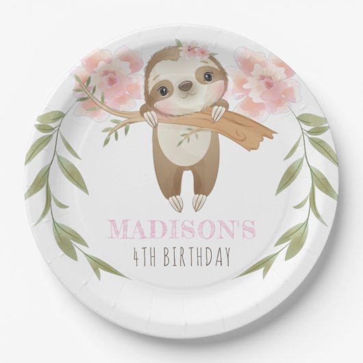 Schattigee luiaard gepersonaliseerd meisje verjaar papieren bordje (Voorkant)