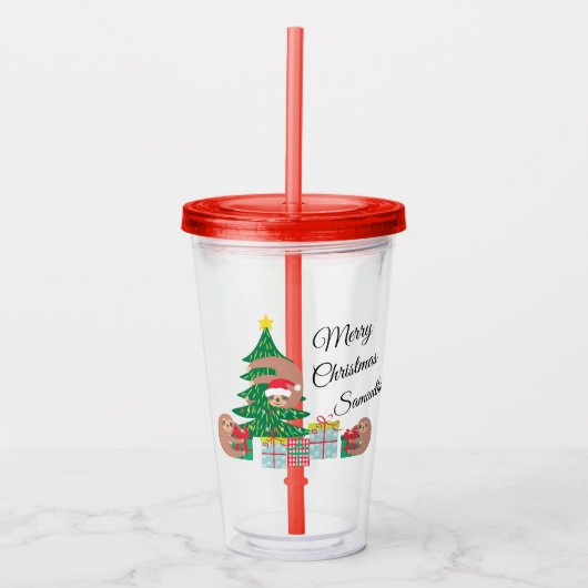 Schattigee luiaard kerstboom gepersonaliseerd acryl drinkbeker (Voorkant)