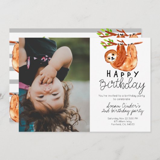Schattigee luiaard kind verjaardagsfoto uitnodigin kaart (Voorkant / Achterkant)