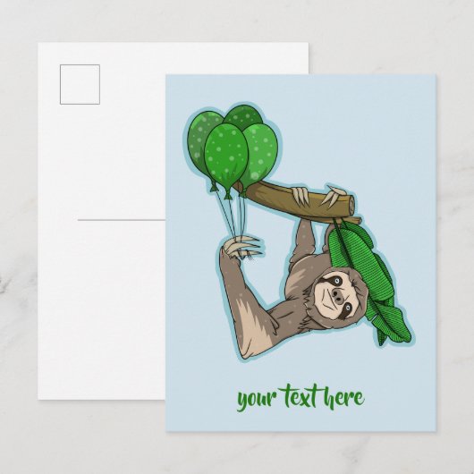 Schattigee luiaard met verjaardagsfeestballonnen uitnodiging briefkaart (Voorkant / Achterkant)