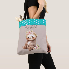 Schattigee luiaard Naam toevoegen Polka dots turqu Tote Bag