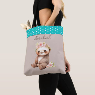 Schattigee luiaard Naam toevoegen Polka dots turqu Tote Bag