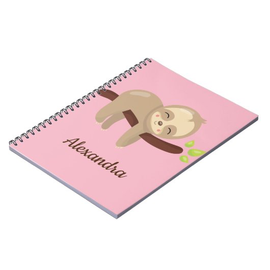 Schattigee luiaard op boomdierenillustratie op roz notitieboek (Linkerzijde)