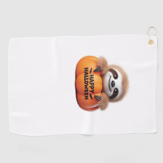 Schattigee luiaard zit in een pompoen. Tekst Happy Golfhanddoek (Horizontaal)