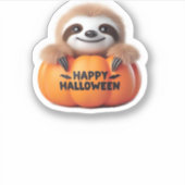 Schattigee luiaard zit in een pompoen. Tekst Happy Sticker (Voorkant)