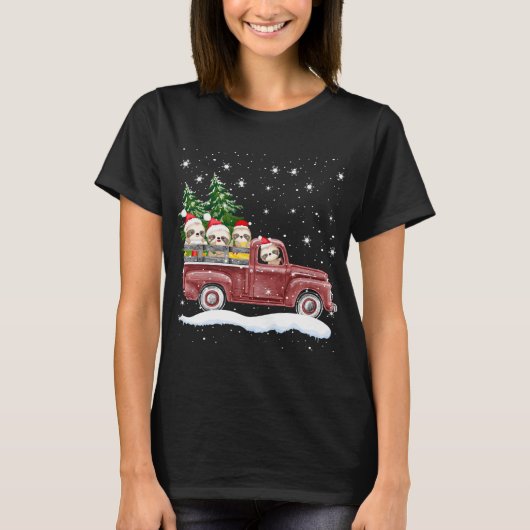 Schattigee luiaards met rode truck grappig kerstca t-shirt (Voorkant)