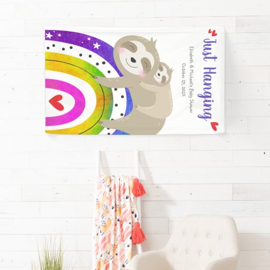 Schattigee Luiaards Regenboog Baby shower Fun Mode Spandoek (Insitu)